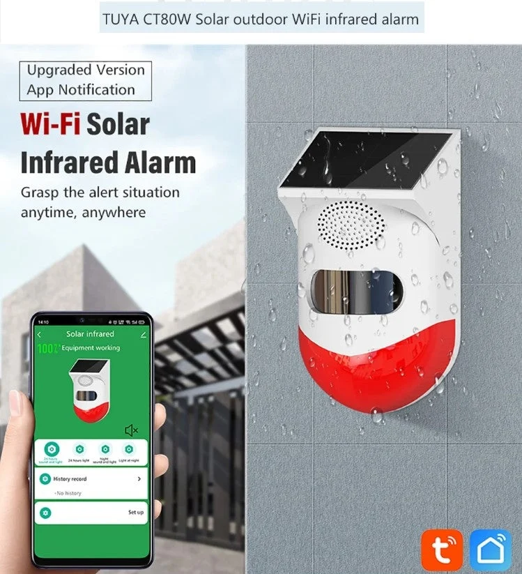 Alarma cu detector de miscare PIR, incarcare solara sau USB, IP65, cu telecomanda, control din aplicatie, alb-rosu [10]