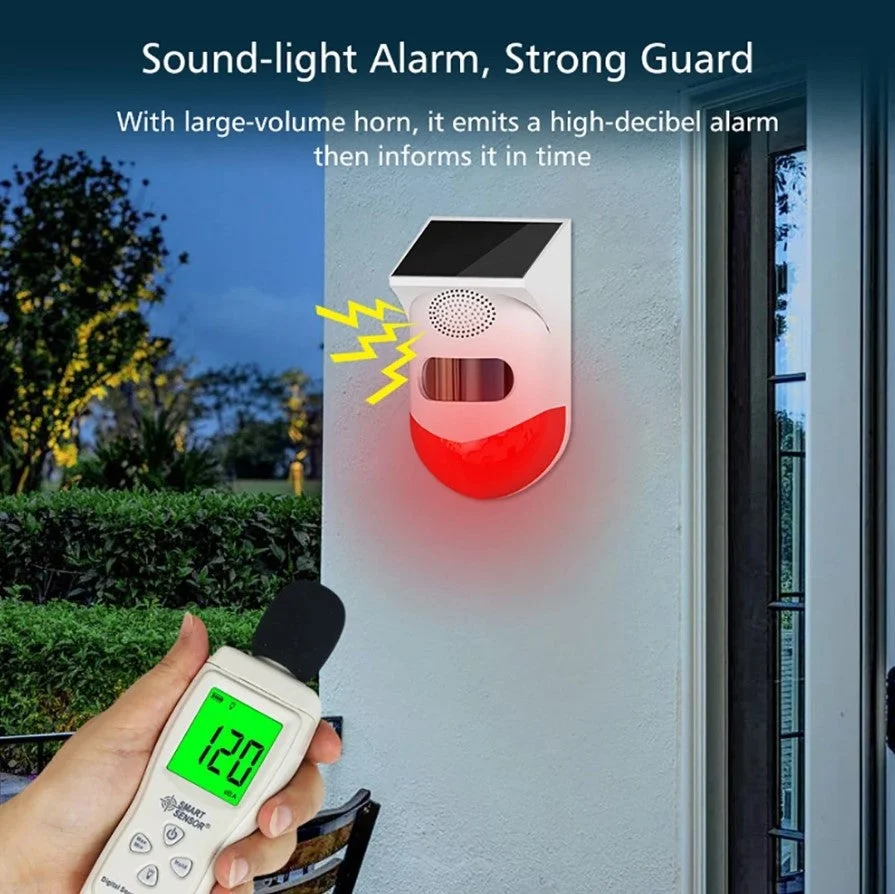 Alarma cu detector de miscare PIR, incarcare solara sau USB, IP65, cu telecomanda, control din aplicatie, alb-rosu [13]