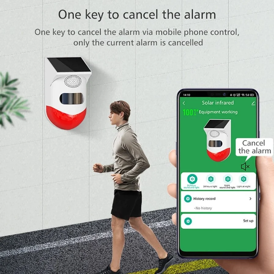 Alarma cu detector de miscare PIR, incarcare solara sau USB, IP65, cu telecomanda, control din aplicatie, alb-rosu [12]