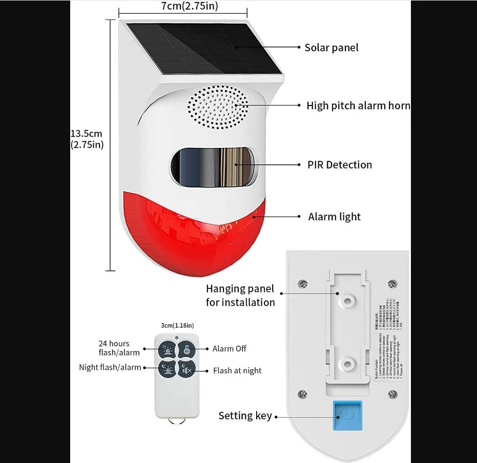 Alarma cu detector de miscare PIR, incarcare solara sau USB, IP65, cu telecomanda, control din aplicatie, alb-rosu [16]