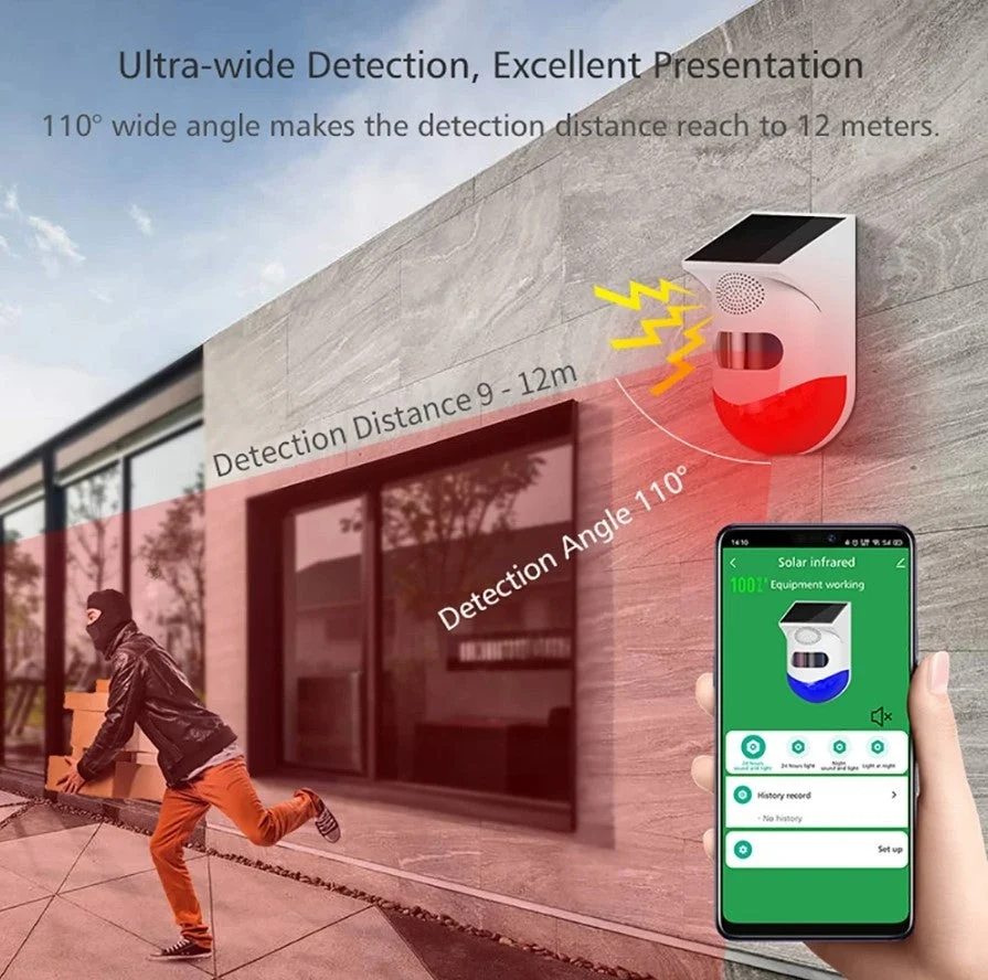 Alarma cu detector de miscare PIR, incarcare solara sau USB, IP65, cu telecomanda, control din aplicatie, alb-rosu [2]