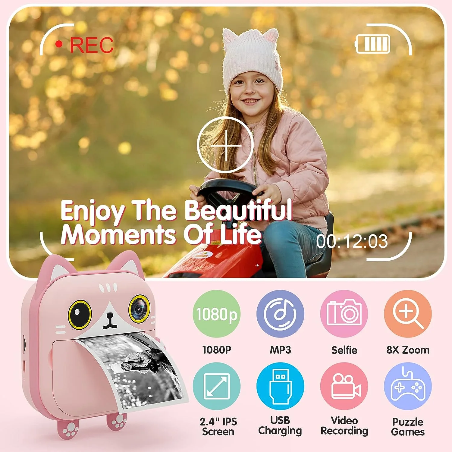 Aparat Foto Digital cu Imprimare Termica pentru copii, display color de 2,4 inch, 1080P Full HD [3]
