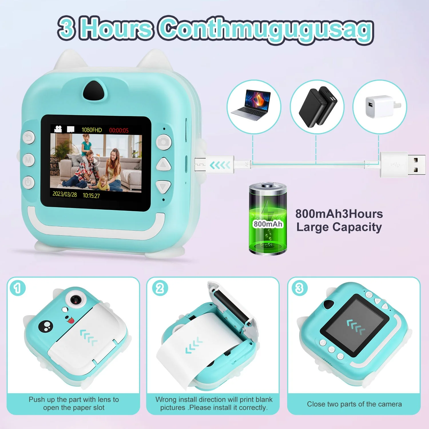 Aparat Foto Digital cu Imprimare Termica pentru copii, display color de 2,4 inch, 1080P Full HD [15]
