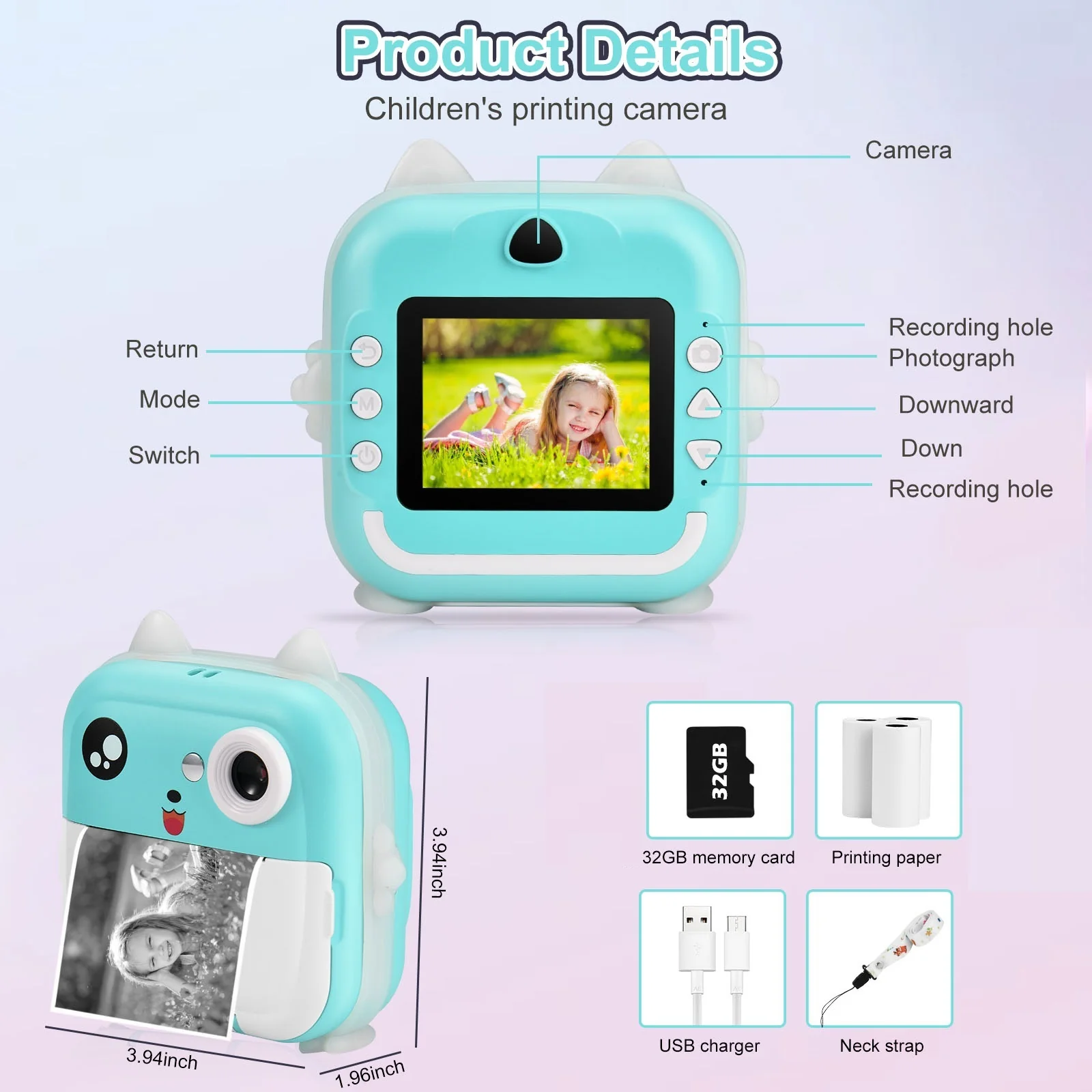 Aparat Foto Digital cu Imprimare Termica pentru copii, display color de 2,4 inch, 1080P Full HD [16]