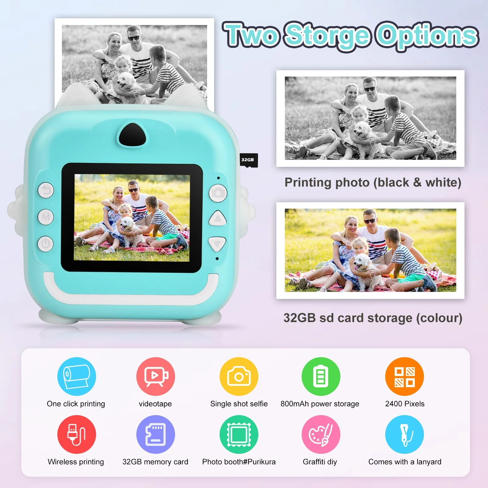 Aparat Foto Digital cu Imprimare Termica pentru copii, display color de 2,4 inch, 1080P Full HD [18]