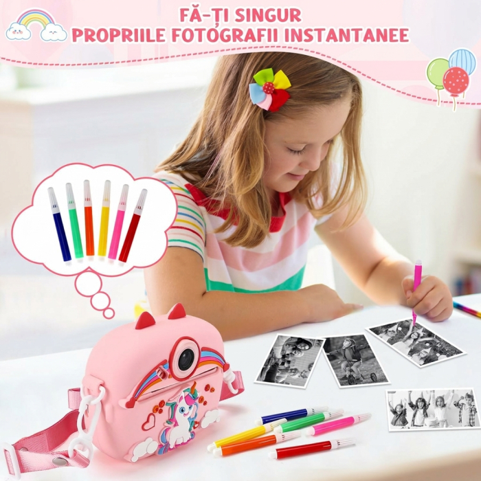 Aparat Foto Instant pentru Copii, Display Color, Imprimare Termica, 2 Camere, Full HD 1080p, 3 Role Hartie, Roz/Mov [2]