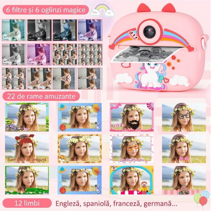 Aparat Foto Instant pentru Copii, Display Color, Imprimare Termica, 2 Camere, Full HD 1080p, 3 Role Hartie, Roz/Mov [4]