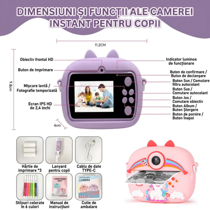 Aparat Foto Instant pentru Copii, Display Color, Imprimare Termica, 2 Camere, Full HD 1080p, 3 Role Hartie, Roz/Mov [8]
