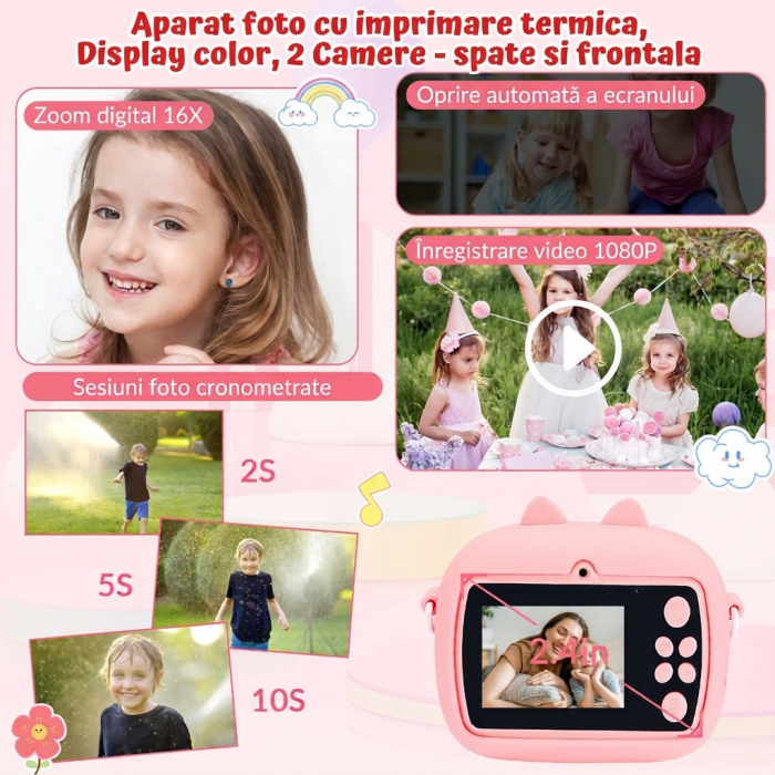 Aparat Foto Instant pentru Copii, Display Color, Imprimare Termica, 2 Camere, Full HD 1080p, 3 Role Hartie, Roz/Mov [3]