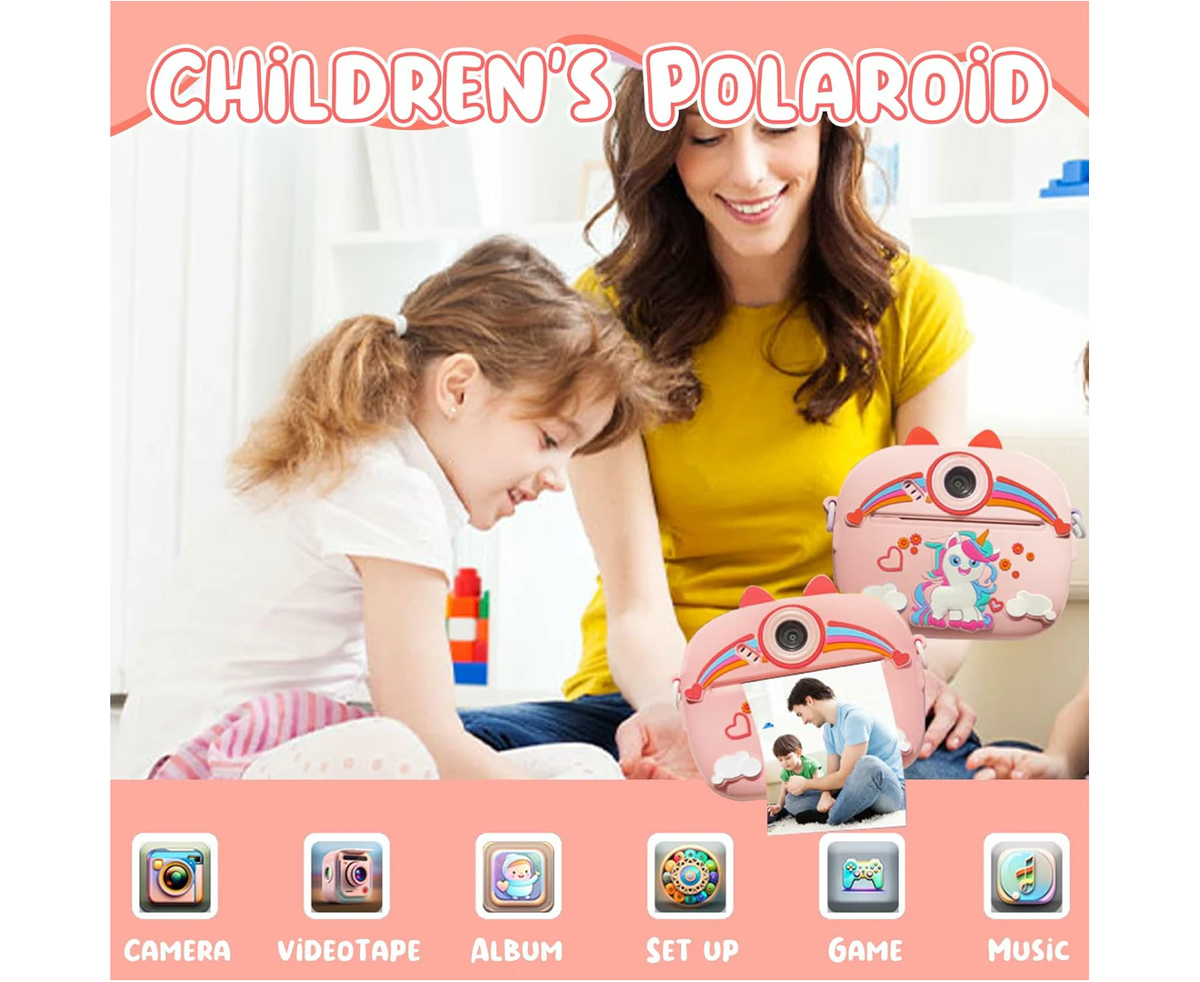 Aparat Foto Instant pentru Copii, Display Color, Imprimare Termica, 2 Camere, Full HD 1080p, 3 Role Hartie, Roz/Mov [9]