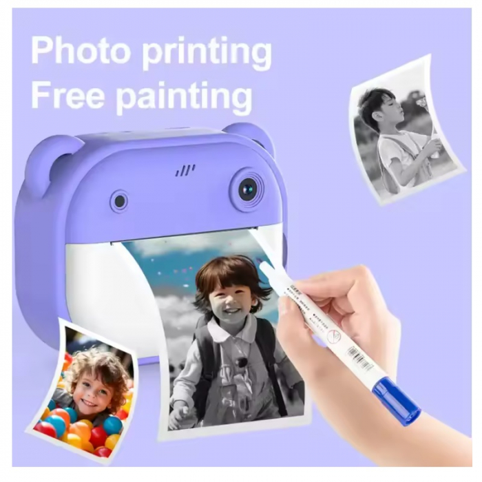 Aparat Foto pentru Copii cu Functie Imprimare termica imediata, display color, 1080p, Roz/Albastru [10]