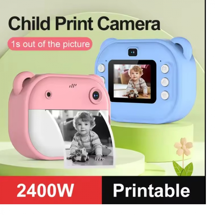 Aparat Foto pentru Copii cu Functie Imprimare termica imediata, display color, 1080p, Roz/Albastru [5]