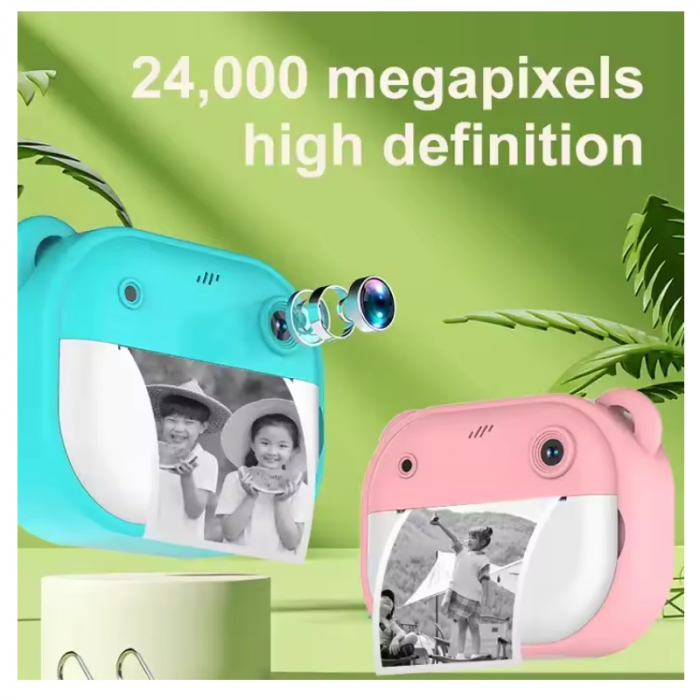 Aparat Foto pentru Copii cu Functie Imprimare termica imediata, display color, 1080p, Roz/Albastru [4]