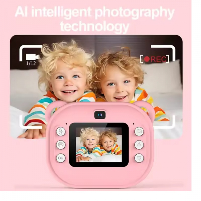 Aparat Foto pentru Copii cu Functie Imprimare termica imediata, display color, 1080p, Roz/Albastru [3]