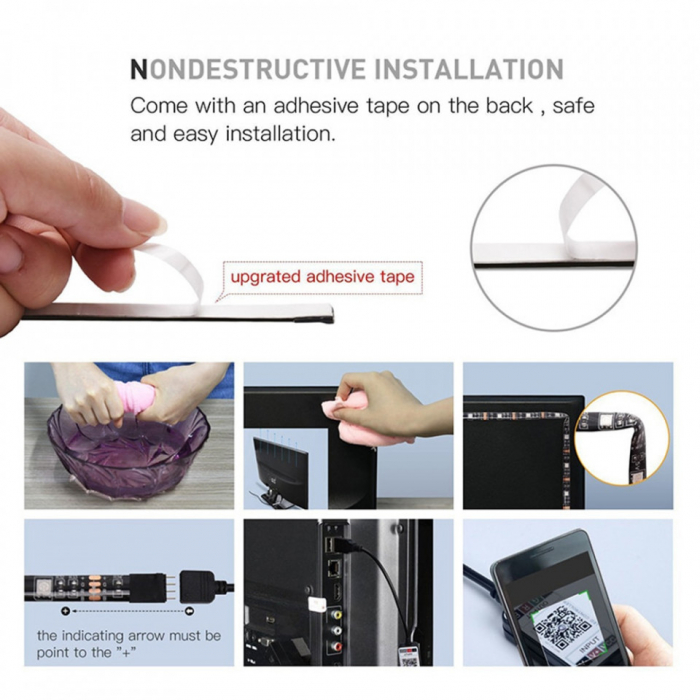 Banda Led RGB 2m, control din telefon bluetooth, alimentare USB, telecomanda [6]