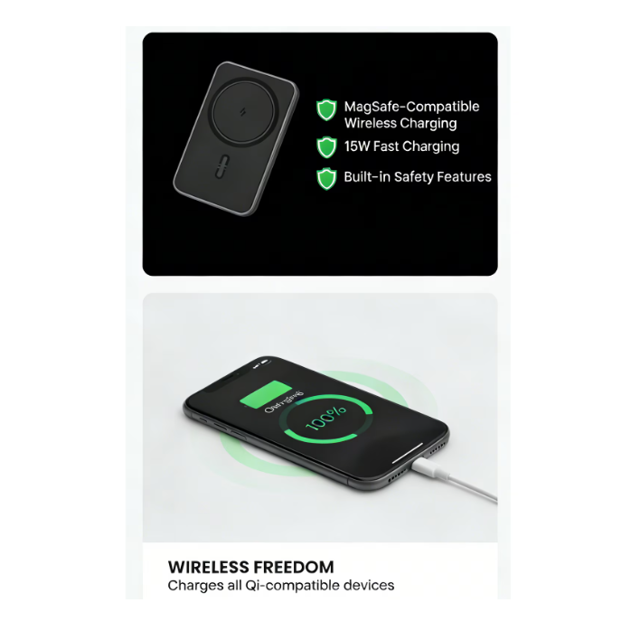 Baterie Externa MagSafe 20000mAh, Incarcare Wireless 15W, 2 in 1 cu Cabluri Lightning, Type-C, Micro Usb, Incarcare Rapida [5]