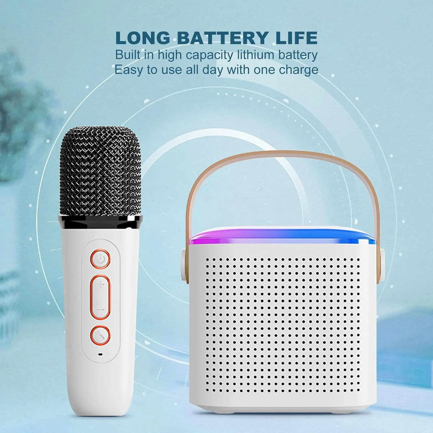 Boxa karaoke cu microfon wireless, difuzor portabil cu lumina RGB LED, alb [5]