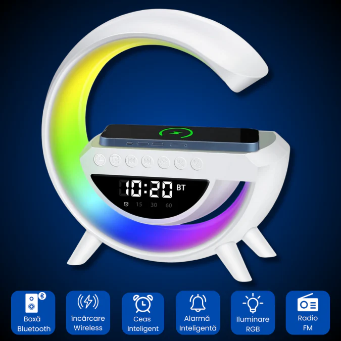 Boxa Portabila 4 in 1: Boxa Bluetooth, Radio, Lampa LED RGB, Ceas cu Alarma, Incarcare Wireless Telefon [8]