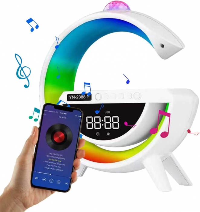 Boxa portabila 6 in 1: Lampa decorativa RGB, Bluetooth, Radio, Ceas cu Alarma, Incarcare telefon wireless, Proiector lumini [2]