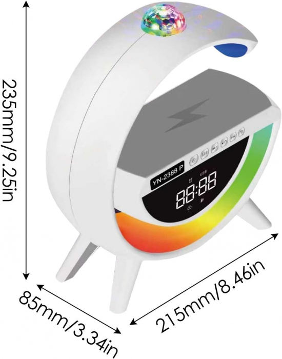 Boxa portabila 6 in 1: Lampa decorativa RGB, Bluetooth, Radio, Ceas cu Alarma, Incarcare telefon wireless, Proiector lumini [9]