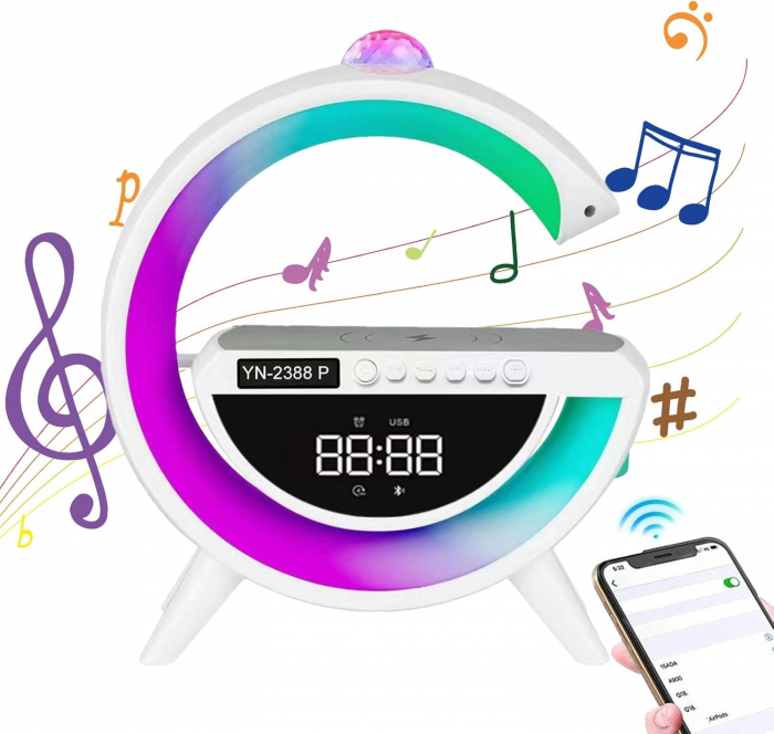 Boxa portabila 6 in 1: Lampa decorativa RGB, Bluetooth, Radio, Ceas cu Alarma, Incarcare telefon wireless, Proiector lumini [6]
