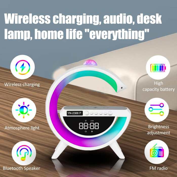 Boxa portabila 6 in 1: Lampa decorativa RGB, Bluetooth, Radio, Ceas cu Alarma, Incarcare telefon wireless, Proiector lumini [5]