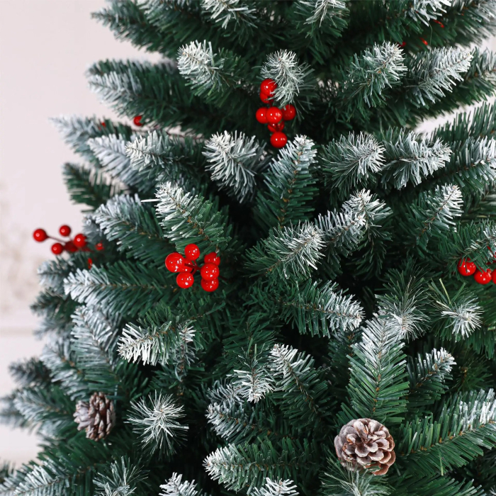 Brad artificial 1.8M cu elemente decorative, con de pin, fructe rosii, nins, pentru Craciun, suport metalic CADOU [3]