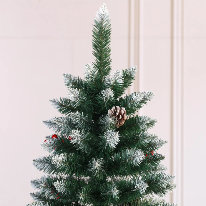 Brad artificial 1.8M cu elemente decorative, con de pin, fructe rosii, nins, pentru Craciun, suport metalic CADOU [7]