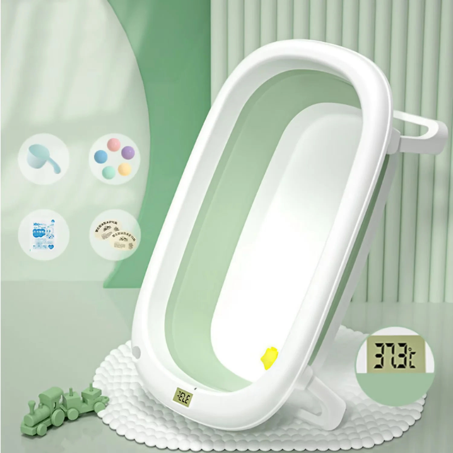 Cadita pliabila pentru bebelusi Premium cu suport pernuta, termometru electronic Incorporat, anatomica, picioruse antiderapante, dop scurgere, agatatoare, Marime 80x50x20, Roz/Albastru [8]
