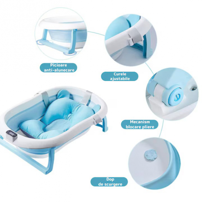 Cadita pliabila pentru bebelusi Premium cu suport pernuta, termometru electronic Incorporat, anatomica, picioruse antiderapante, dop scurgere, agatatoare, Marime 80x50x20, Roz/Albastru [4]