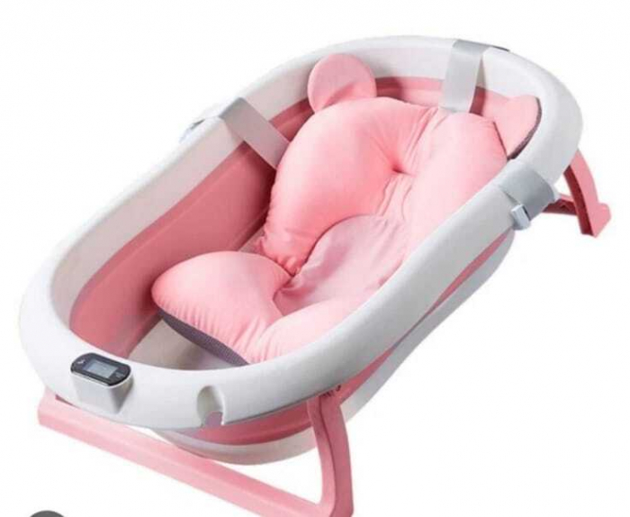 Cadita pliabila pentru bebelusi Premium cu suport pernuta, termometru electronic Incorporat, anatomica, picioruse antiderapante, dop scurgere, agatatoare, Marime 80x50x20, Roz/Albastru [7]