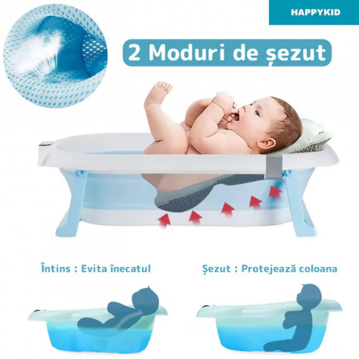 Cadita pliabila pentru bebelusi Premium cu suport pernuta, termometru electronic Incorporat, anatomica, picioruse antiderapante, dop scurgere, agatatoare, Marime 80x50x20, Roz/Albastru [2]