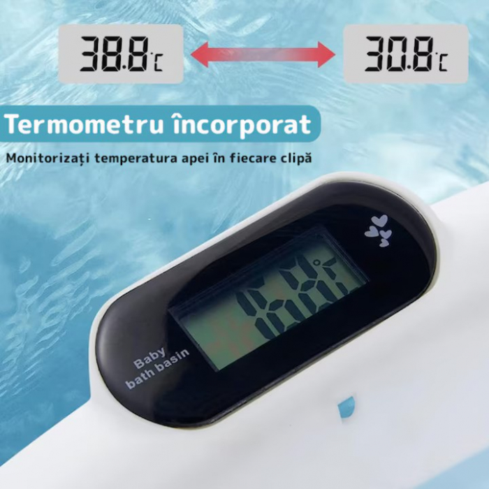 Cadita pliabila pentru bebelusi Premium cu suport pernuta, termometru electronic Incorporat, anatomica, picioruse antiderapante, dop scurgere, agatatoare, Marime 80x50x20, Roz/Albastru [5]