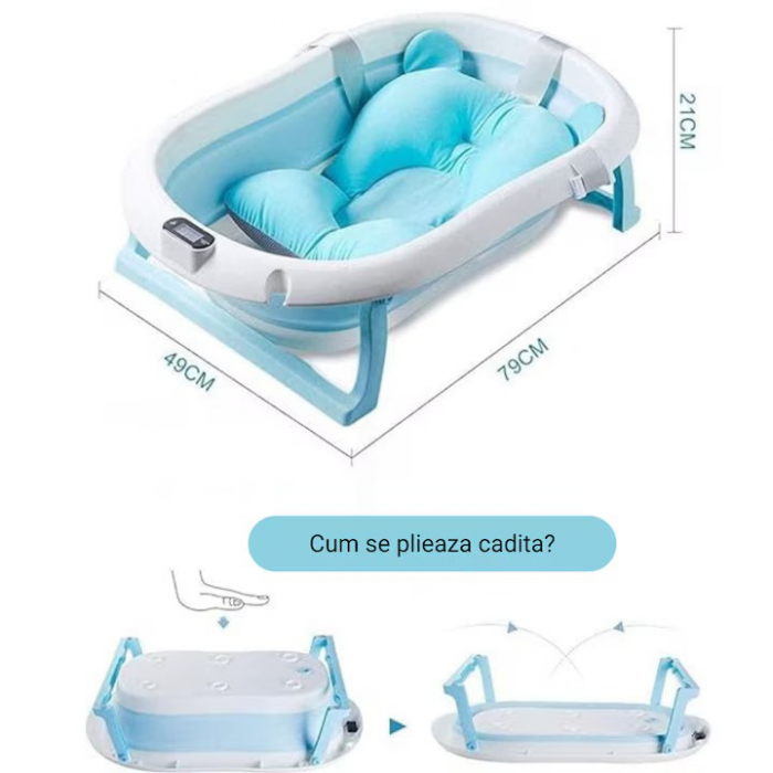 Cadita pliabila pentru bebelusi Premium cu suport pernuta, termometru electronic Incorporat, anatomica, picioruse antiderapante, dop scurgere, agatatoare, Marime 80x50x20, Roz/Albastru [6]