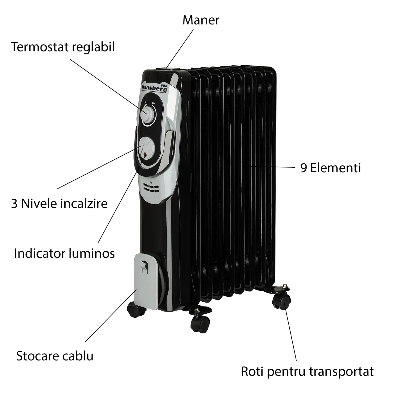Calorifer electric 2000 W, 9 elementi, 3 nivele de putere, termostat reglabil, Hausberg HB-8910 [3]