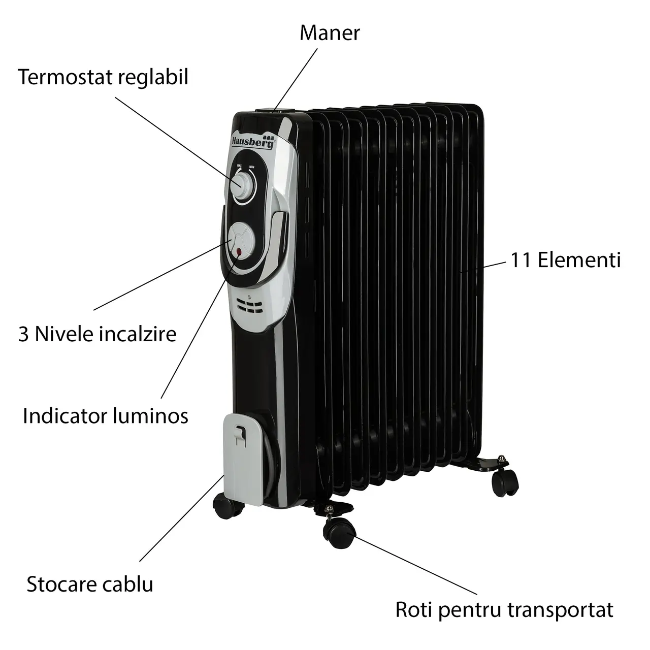 Calorifer electric, 2500 W, 11 elementi, 3 nivele de putere, termostat reglabil, Hausberg HB-8920 [2]