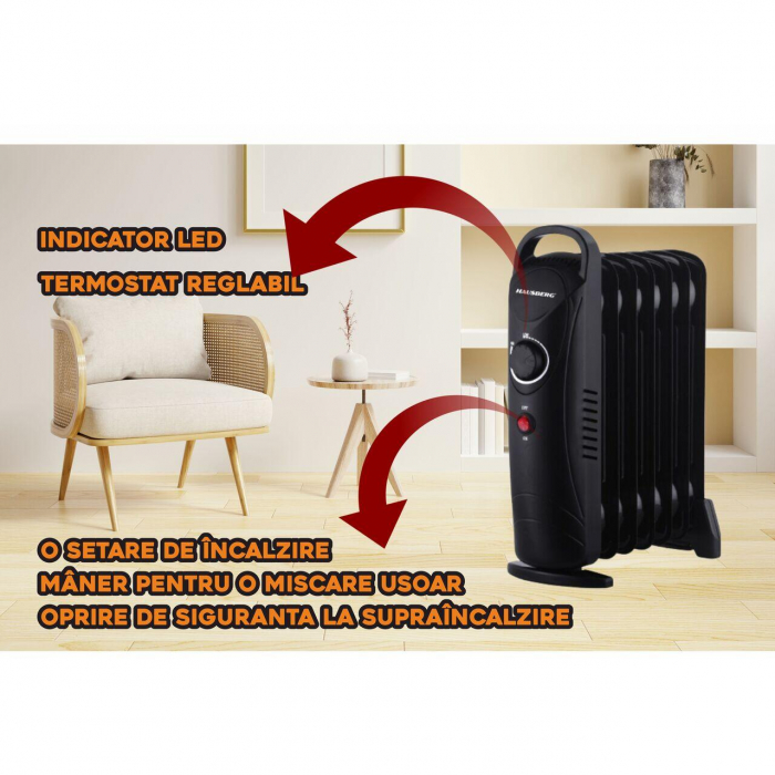 Mini Calorifer electric cu ulei, o treapta de incalzire, 800-1000 W, 7 elementi, termostat reglabil, HAUSBERG HB-8940 [2]