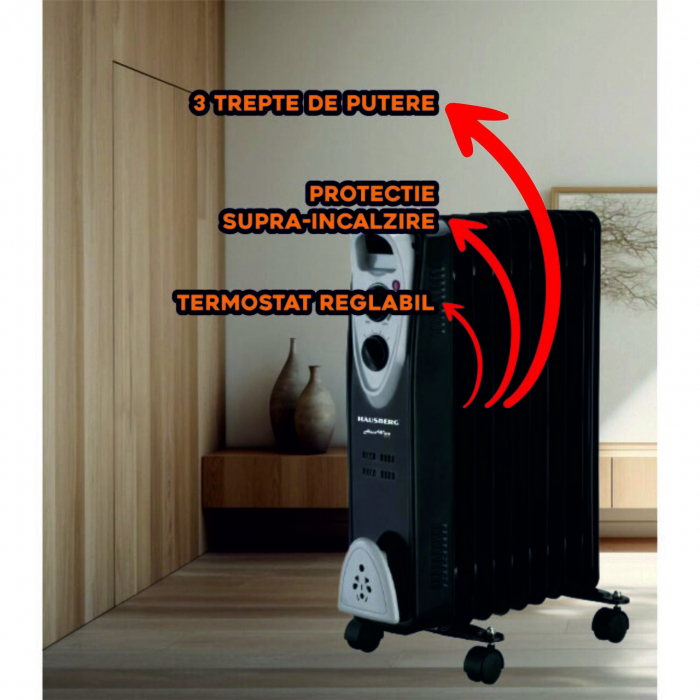 Calorifer electric Hausberg HB-8909, 2000 W, 9 elementi, 3 trepte de putere, Termostat reglabil, Protectie supra-incalzire si anti-rasturnare [3]
