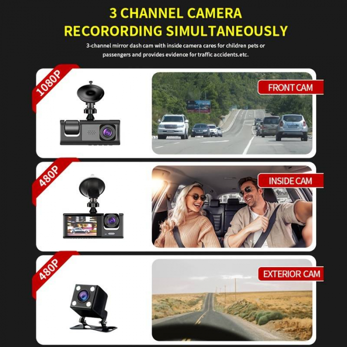 Camera auto tripla FullHD, 3 camere-fata/spate/interior, ecran 2'', G Senzor [2]