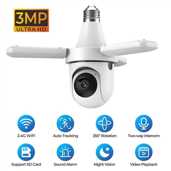 Camera Bec E27 cu Lampa LED 3 brate ajustabile, WiFi, Rotatie 360°, Full HD, viziune nocturna, senzor de miscare [8]