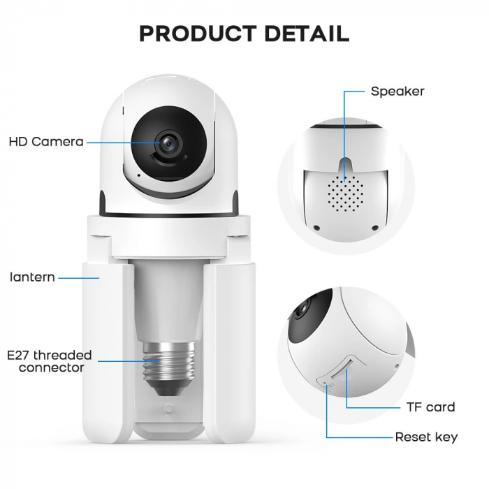Camera Bec E27 cu Lampa LED 3 brate ajustabile, WiFi, Rotatie 360°, Full HD, viziune nocturna, senzor de miscare [7]