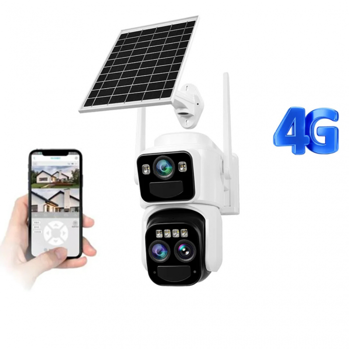 Camera de Supraveghere 4G cu 2 Lentile si Incarcare Solara, Zoom 10x clar, Vedere nocturna, Microfon + Difuzor, Acumulatori inclusi [1]