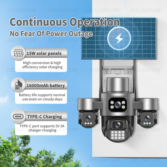 Camera de Supraveghere 4G cu 2x Panou Solar, 4 Lentile, PTZ 355°, AOV, Detectare Umana AI, Vedere Nocturna Color, Audio Bidirectional, IP66, Card 32GB Inclus [13]