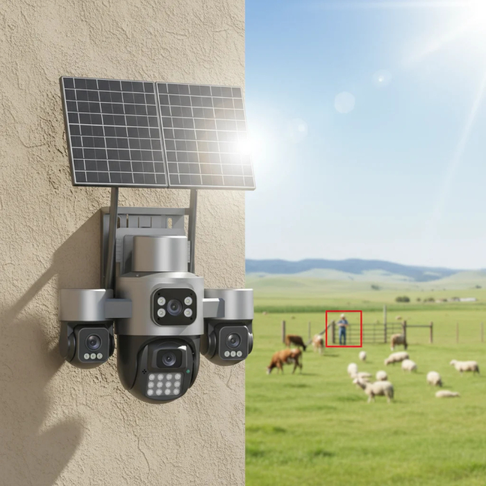 Camera de Supraveghere 4G cu 2x Panou Solar, 4 Lentile, PTZ 355°, AOV, Detectare Umana AI, Vedere Nocturna Color, Audio Bidirectional, IP66, Card 32GB Inclus [12]