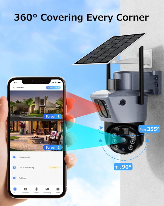 Camera de supraveghere dubla 4G cu panou solar si rotire 355°, 6MP, control telefon, 1080p, vedere nocturna infrarosu [2]