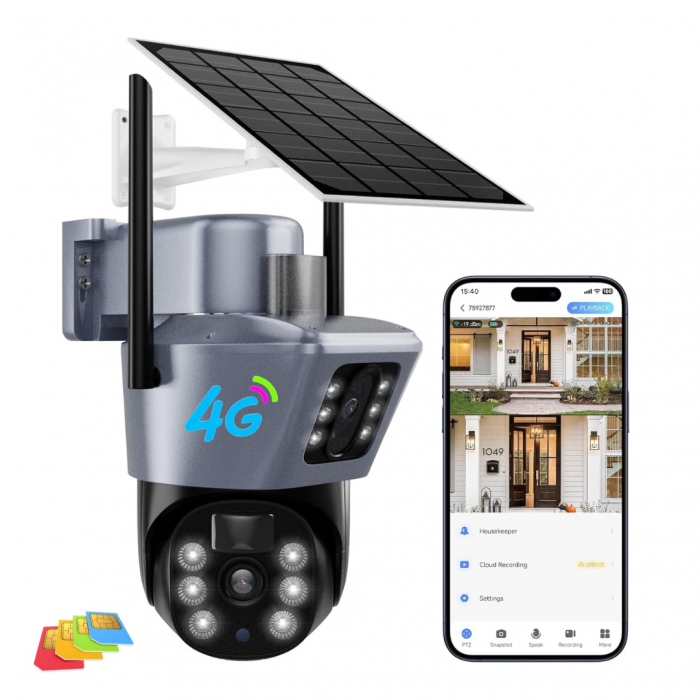 Camera de supraveghere dubla 4G cu panou solar si rotire 355°, 6MP, control telefon, 1080p, vedere nocturna infrarosu [1]