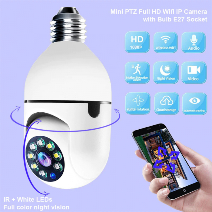 Camera de Supraveghere tip bec, E27, Interior/Exterior, 1080p, Control din telefon, Microfon, Difuzor [2]