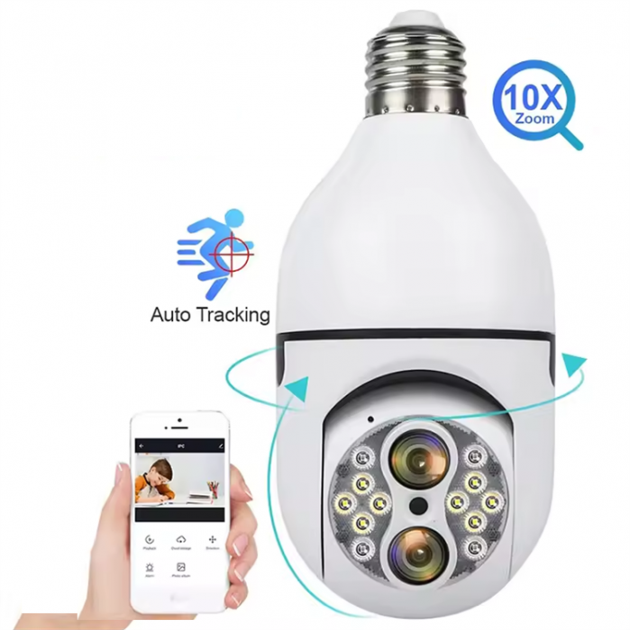 Camera de Supraveghere tip Bec E27, Lentila dubla, 3MP, Panorama 360 grade, Detectie Miscare, Viziune Nocturna [2]