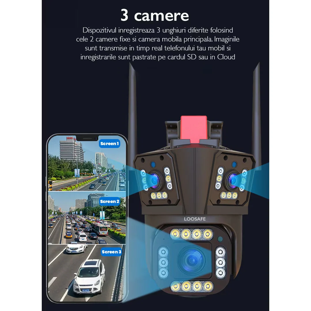 Camera WiFi/4G de Supraveghere Tripla, 12MP, Exterior, Ultra HD, Zoom 5X, Rotativa, Leduri, Microfon + Difuzor, Alarma, Senzor Miscare [2]