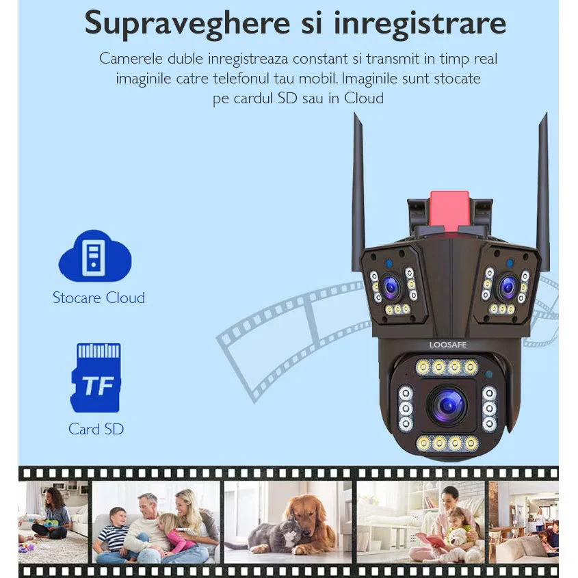 Camera WiFi/4G de Supraveghere Tripla, 12MP, Exterior, Ultra HD, Zoom 5X, Rotativa, Leduri, Microfon + Difuzor, Alarma, Senzor Miscare [10]